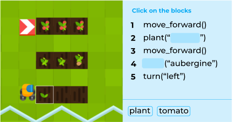 cartoon farming robot planting three rows of crops alongside the code that controls it