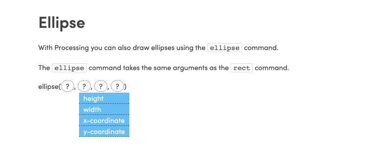 A Slide with a missing word widget where the missing words are the arguments to a function to draw an ellipse