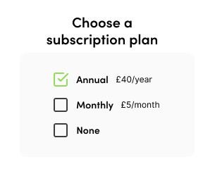 Three checkboxes with pricing options for Annual, monthly or none