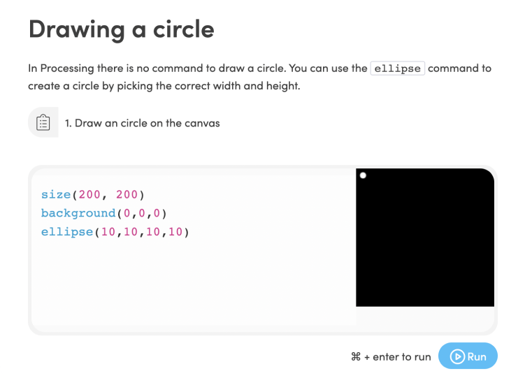 A text editor with code that draws a black background and a white ellipse. The resulting image is displayed in a canvas to the right of the code.